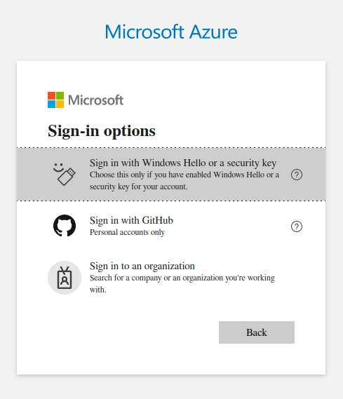 Azure security key login selection menu